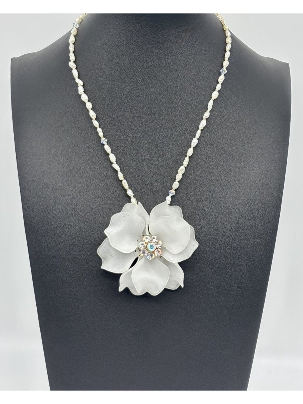 Rice Pearls Swarovski Crystal Necklace Repurposed Vintage You & i Flower Pendant